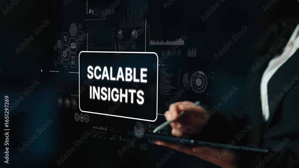Poster professional businesswoman analyzing data insights on a digital screen in modern office environment.