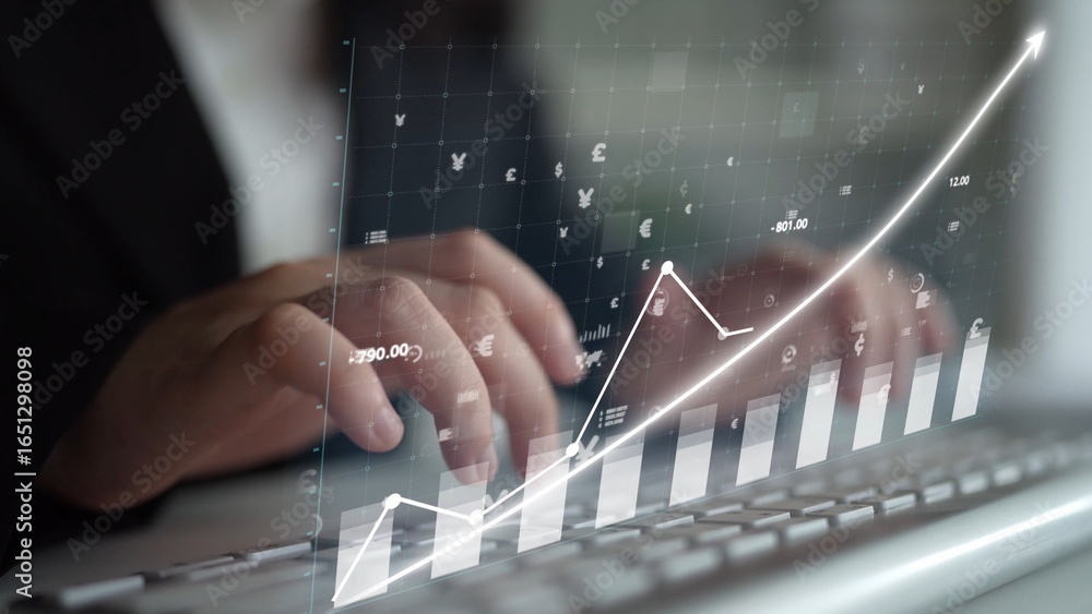 Poster a businessman types on a keyboard while examining financial data represented by a digital graph over