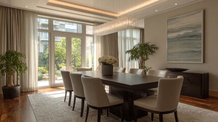 Luxury dining room with table, light, and garden view. Interior design example