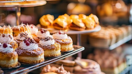 Fototapeta premium Pastry shop display with delicious cupcakes and desserts for sweet food photography product branding bakery composition colorful treats visuals