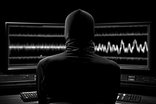 Silhouette watching seismic lines on analog seismograph screen in dark room