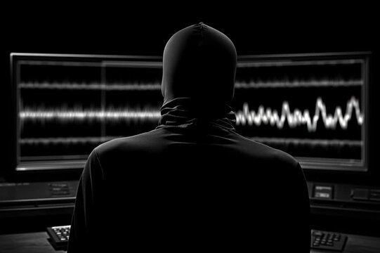 Silhouette watching seismic lines on analog seismograph screen in dark room
