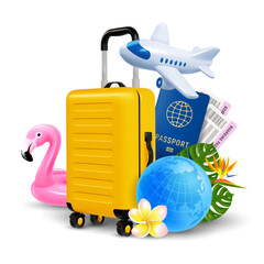 Time to travel conceptual design with 3d realistic travel items, white flying plane, yellow suitcase, globe, passport, exotic flowers and cute pink inflatable flamingo. Isolated vector illustration © Pagina