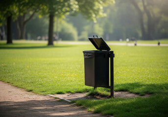 Outdoor park trash bin with open lid and casual daytime natural setting
