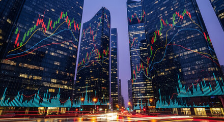 Obraz premium Financial Pulse: Stock Market Charts Illuminate the Skyscrapers of a Futuristic City at Night
