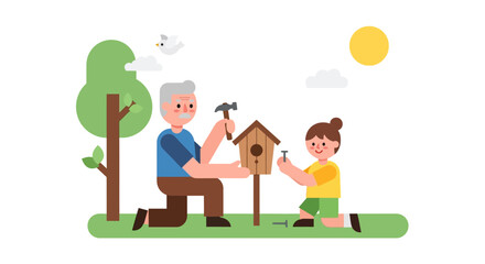 Grandfather and grandchild building a wooden birdhouse together outdoors on a sunny day.
