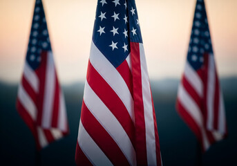 Obraz premium Three American Flags with Atmospheric Background and Soft Light