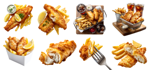 Set of battered fried fish and chips fries, stack pile, takeaway carton box, serving wooden board, tartar mayo dip sauce, french fry, broken bitten pieces on transparent cutout PNG. Mockup for design.