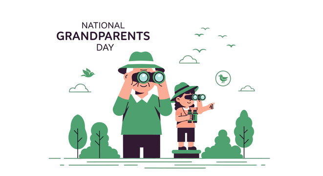 Grandfather and granddaughter celebrating National Grandparents Day, using binoculars to explore nature.