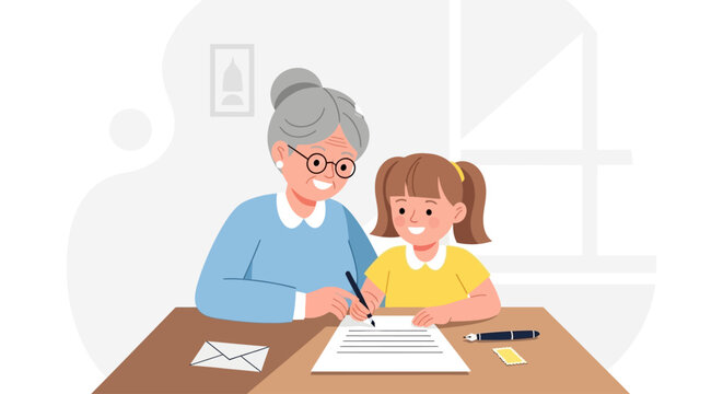 Grandmother assisting a young girl with writing a document at a wooden table, indoors.