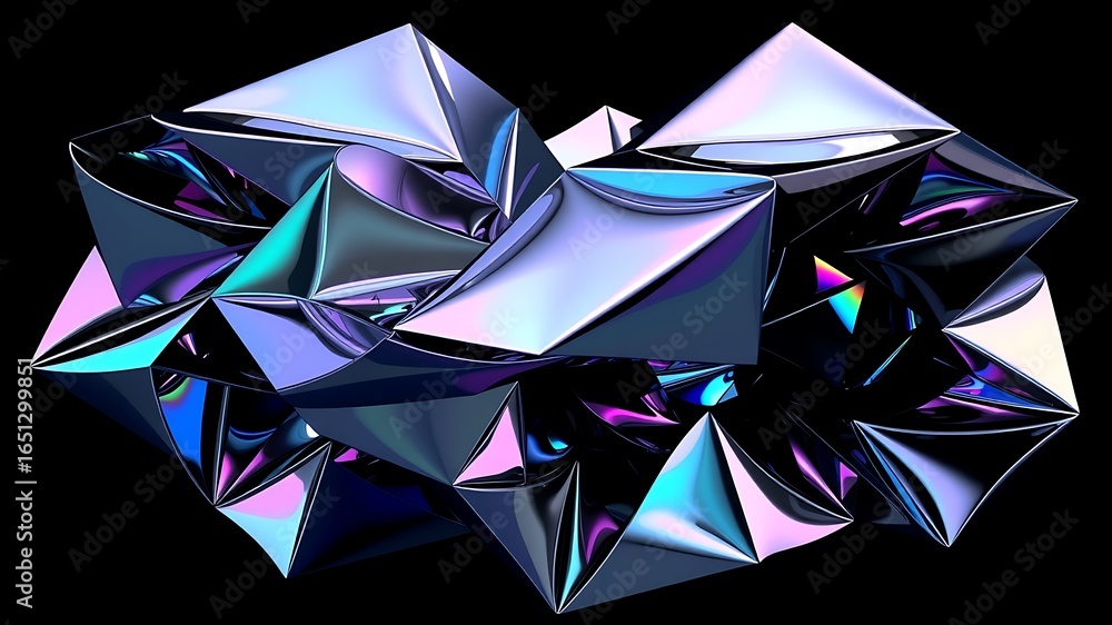 Poster illustration of an iridescent geometric crystal structure with sharp edges and reflective surfaces