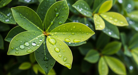 Lush foliage with captivating droplets reflecting light in a refreshing nature close-up revealing