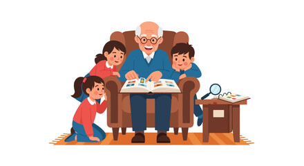 Grandfather sitting in an armchair reading a storybook with three grandchildren gathered around him, listening attentively.