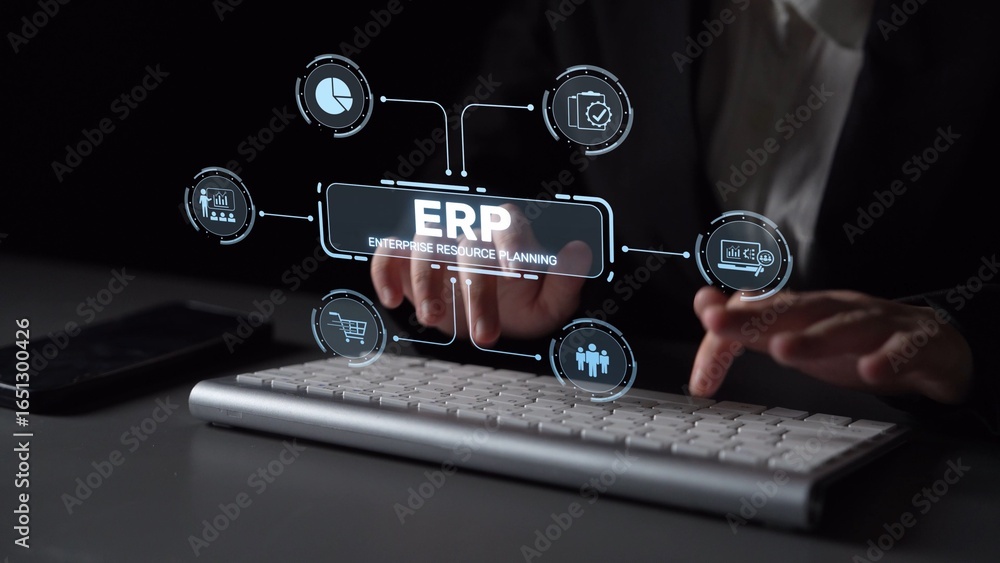 Poster erp platform visual showing centralized system for enterprise resource planning, improving integrati