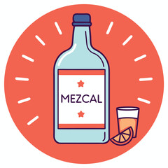 Cute illustration of a Mezcal bottle and shot glass.