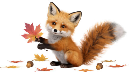 Obraz premium Adorable Red Fox Kit Holding Autumn Leaf with Acorns and Fall Foliage
