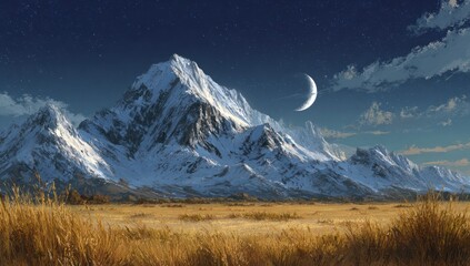 Snowy mountain range at night under crescent moon