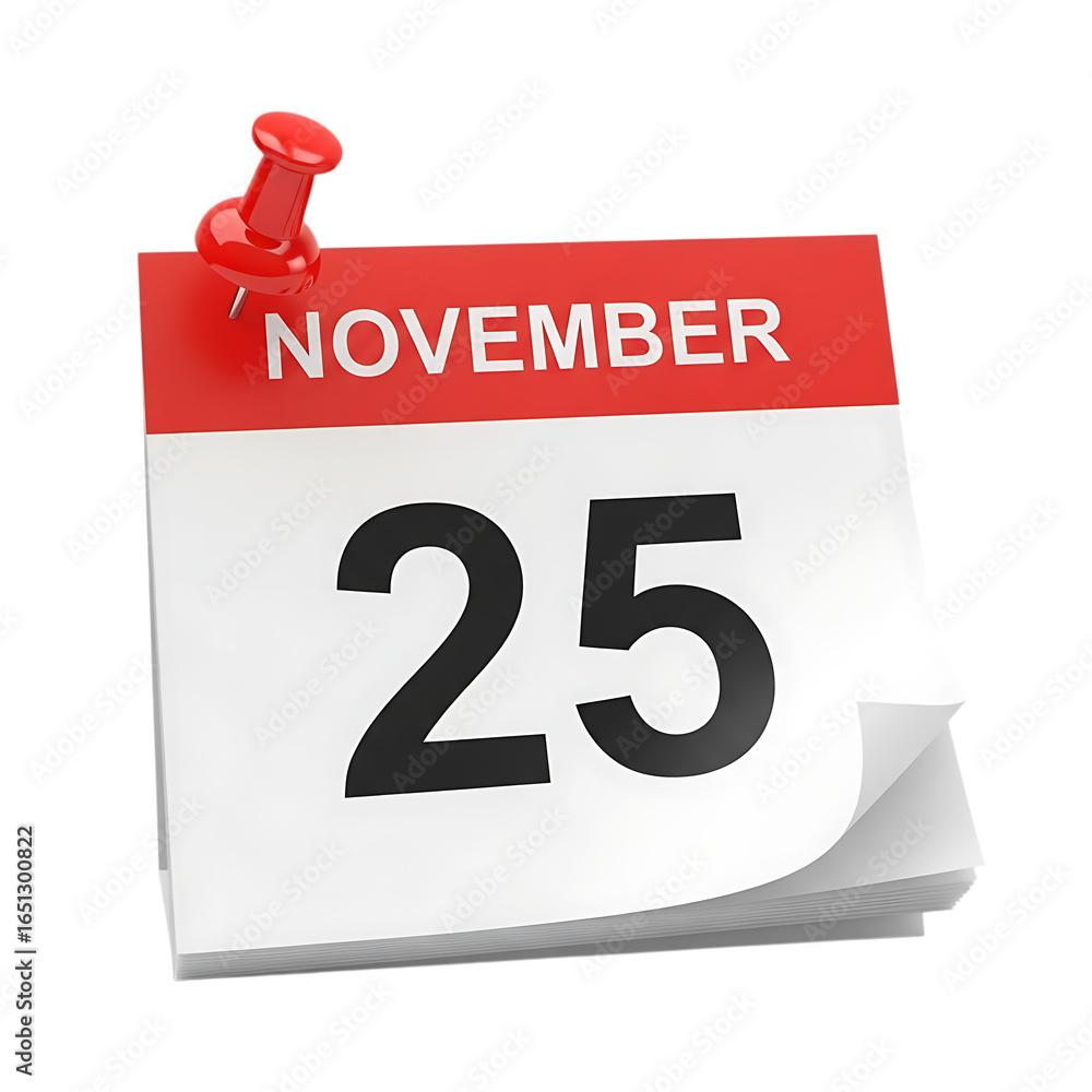 Poster calendar showing november 25th with a red pushpin, isolated on transparent background, representing 