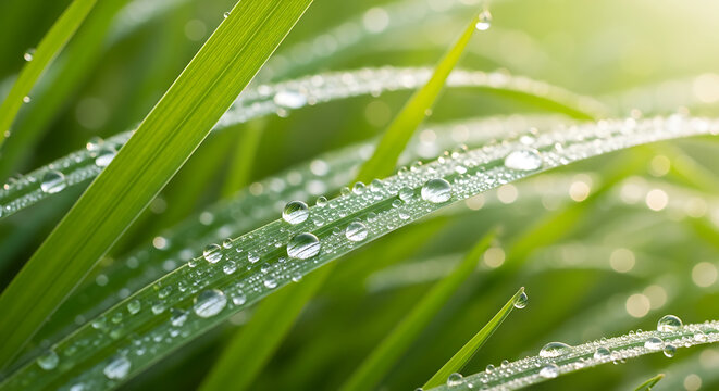 Verdant blades adorned with glittering spheres: A serene morning dew symphony - Powered by Adobe