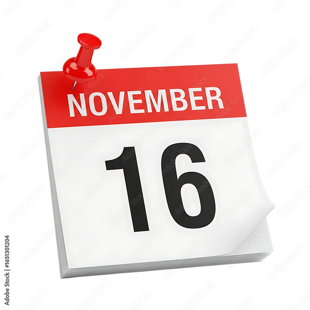 Aufkleber a calendar page showing november 16th attached with a red pushpin isolated on transparent background