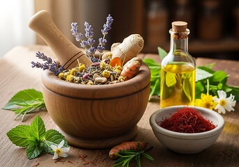 A mortar and pestle filled with herbs and spices, alongside oil and saffron, for natural remedies