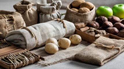 Cozy pantry setup with vegetables and rustic textiles for farmhouse kitchen composition food photography organic natural branding home concept