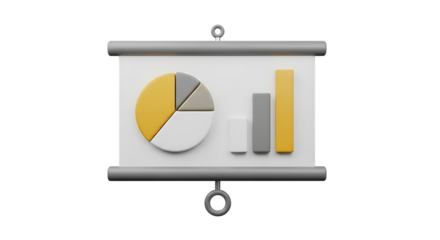 Presentation screen with chart and bar graph for business and statistics representation and analytical purposes in 3D rendering