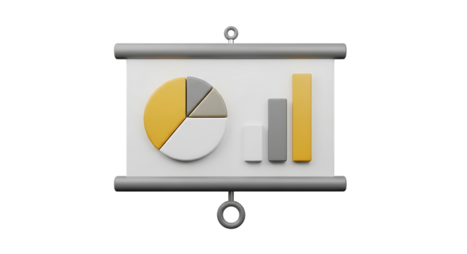 Presentation screen with chart and bar graph for business and statistics representation and analytical purposes in 3D rendering