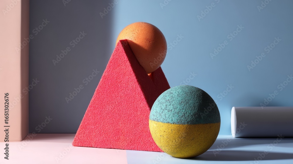 Poster Geometric shapes composition with sphere and triangle in soft lighting for abstract design product branding photography minimalist visual concept