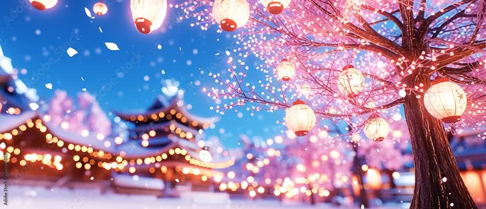 Poster a tree with lights on it is in front of a building. the lights are pink. there are many lights on th