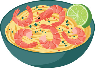 Delicious bowl of creamy pasta with succulent shrimp and a fresh lime wedge a vibrant and appetizing seafood dish