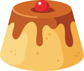 Delicious caramel custard dessert topped with a bright red cherry and rich caramel sauce dripping down the sides