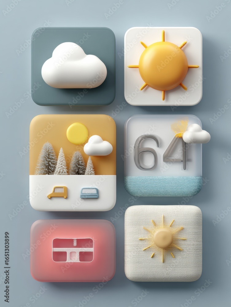 Poster various weather icons displayed on a light background illustrating different atmospheric conditions 