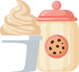 Whimsical illustration of a creamy soft serve ice cream cone next to a charming cookie jar with a cookie design