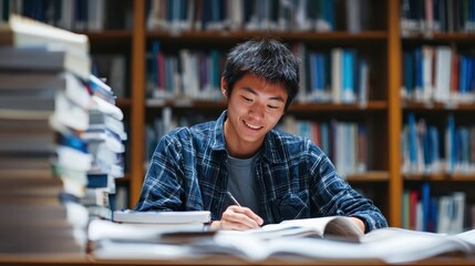 Young Student Studying at Library Desk Surrounded by Books