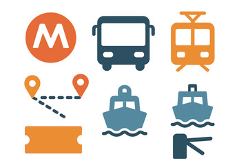 Transportation icons featuring bus, tram, ferry, and map symbols