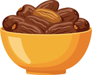 A bright yellow bowl overflowing with delicious healthy and sweet dried dates a popular fruit snack