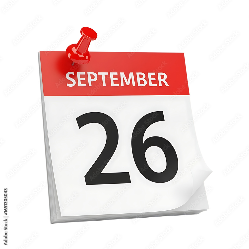 Poster a calendar page showing september 26th with a red pushpin isolated on transparent background