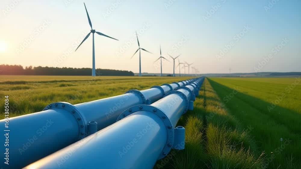 Poster a field with rows of pipes and wind turbines in the distance