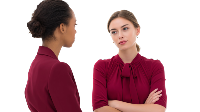 Two women engaged in a serious conversation, showcasing diverse ethnicities and professional attire.