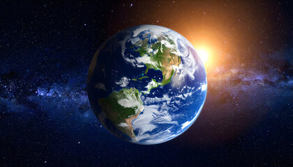 Earth viewed from space showcasing continents with bright sunlight and a starry galaxy background