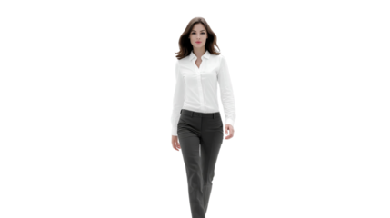 Confident young woman in a crisp white blouse and tailored grey pants walks forward, exuding professionalism.