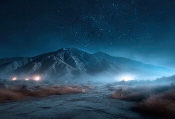 Naklejka premium Misty mountain vista under a starry night