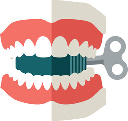 Humorous novelty wind up chattering teeth toy with a winding key on a white background representing a playful or comical dental concept
