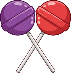 Two colorful lollipops one purple and one red crossed on white sticks against a white background representing sweet treats and childhood joy