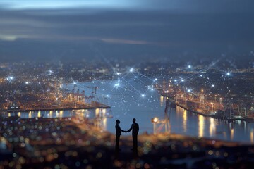 Obraz na płótnie Canvas Silhouetted business handshake over a city at night
