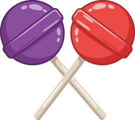 Two colorful round lollipops one purple and one red crossed on white sticks against a white background