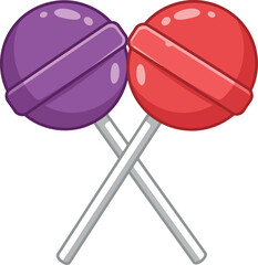 Two colorful round lollipops one purple and one red crossed on white sticks against a white background