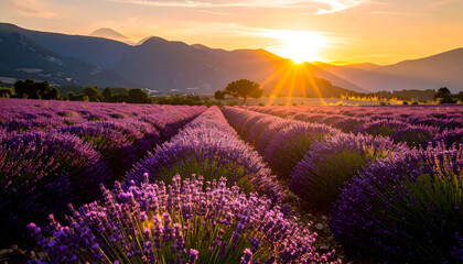 Fototapeta premium Vibrant Purple Lavender Field at Sunset with Golden Sunlight and Mountain Background