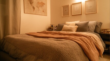 A cozy bedroom with a large bed, several pillows, a world map, and framed pictures on the wall